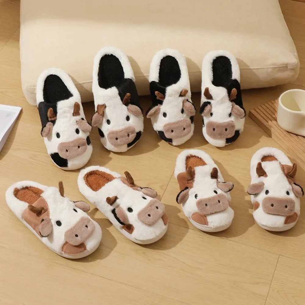 New Winter Unisex Cartoon Cow Warm Plush Slippers Couple's Indoor Non-slip House Slides Men And Women Toe Wrap Home Cotton Shoes