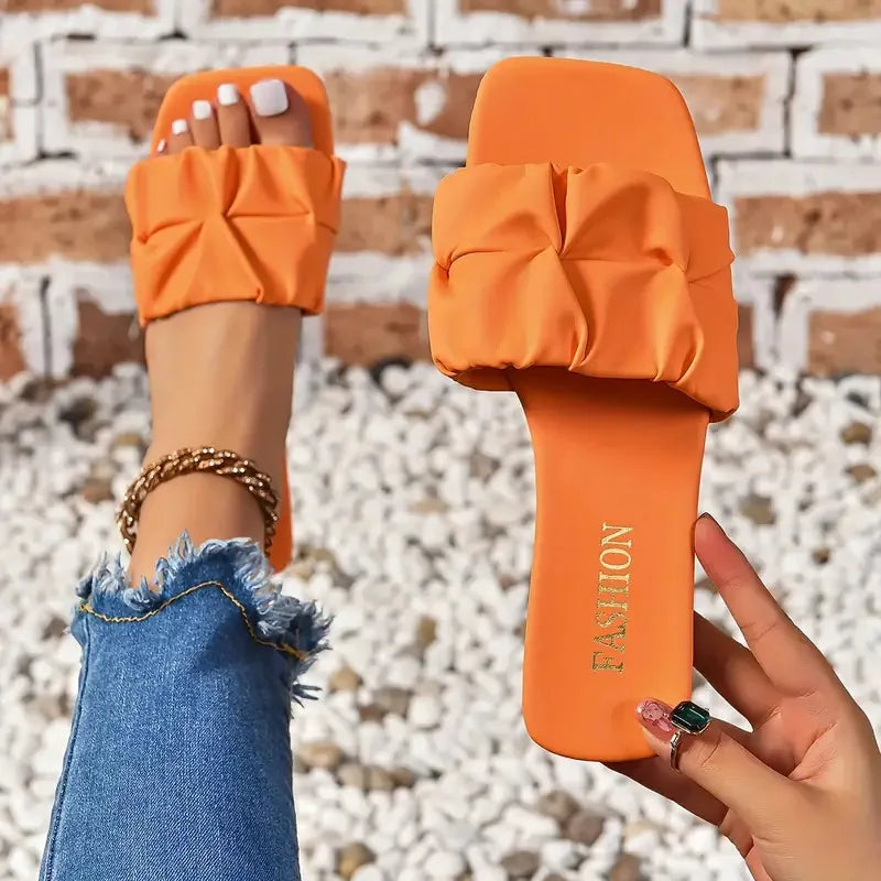 Summer Slippers for Women Flip Flops Flats New Pleated Korean Slippers Women Sandals Green Slip on Shoes Plus Size 35-43