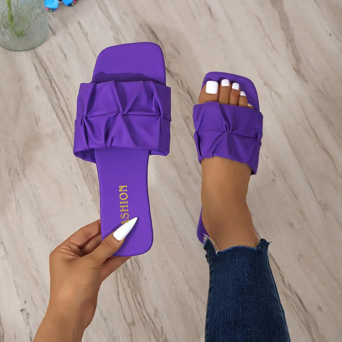 Summer Slippers for Women Flip Flops Flats New Pleated Korean Slippers Women Sandals Green Slip on Shoes Plus Size 35-43