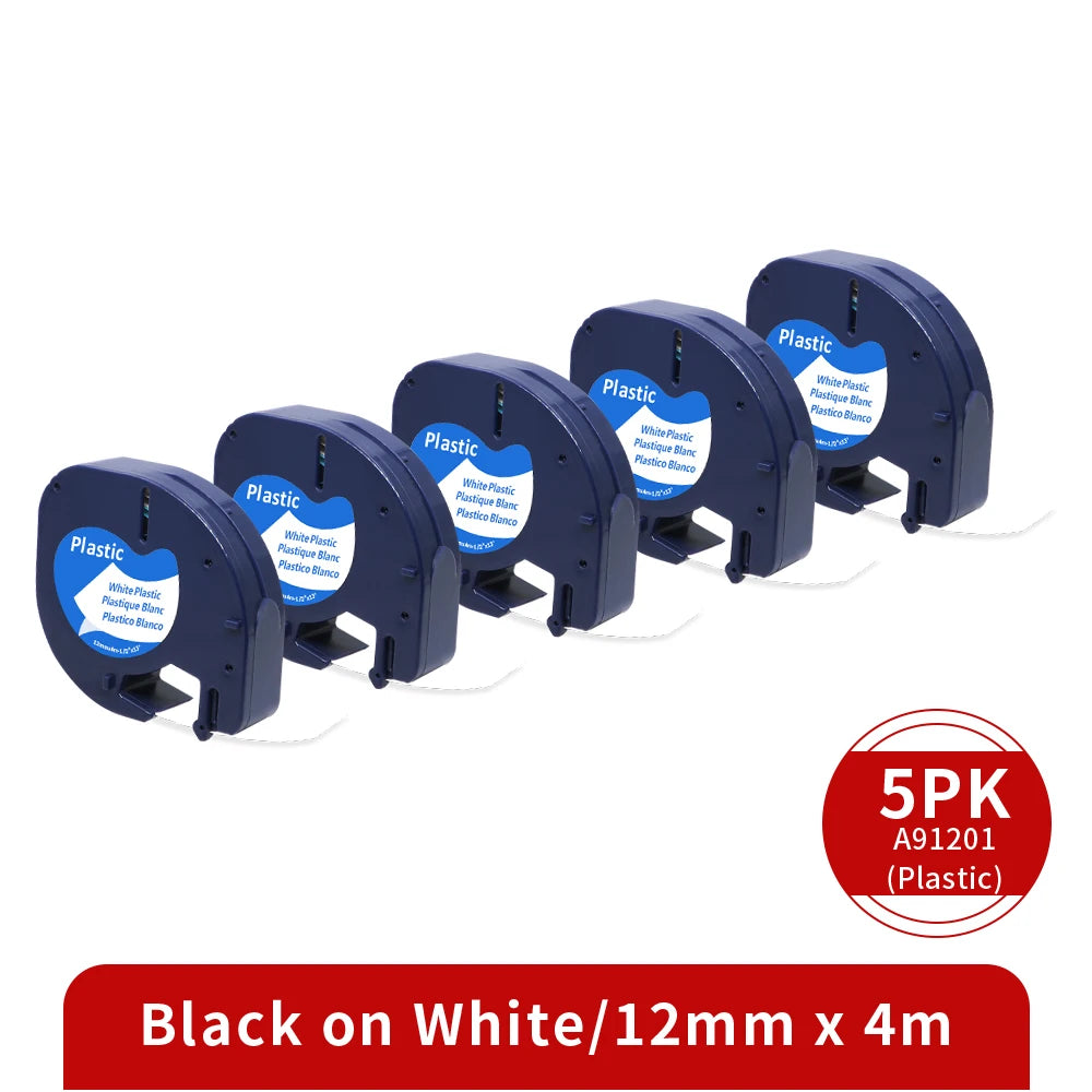 5Pack Plastic White for Dymo LetraTag Label Maker Tape Refills 91201 91331 91221 59422 Label Tape 12mm for LT-100H LT-100T Plus