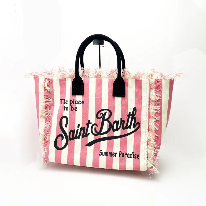 Saint Barth European and American New Women's Large Capacity Fashion Horizontal Striped Deep Blue Tassel Beach Handbag