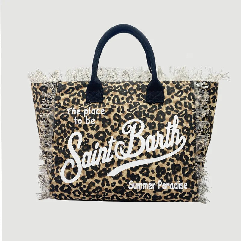 Saint Barth European and American new fashion tassel embroidery white large capacity black beach tote bag handbag