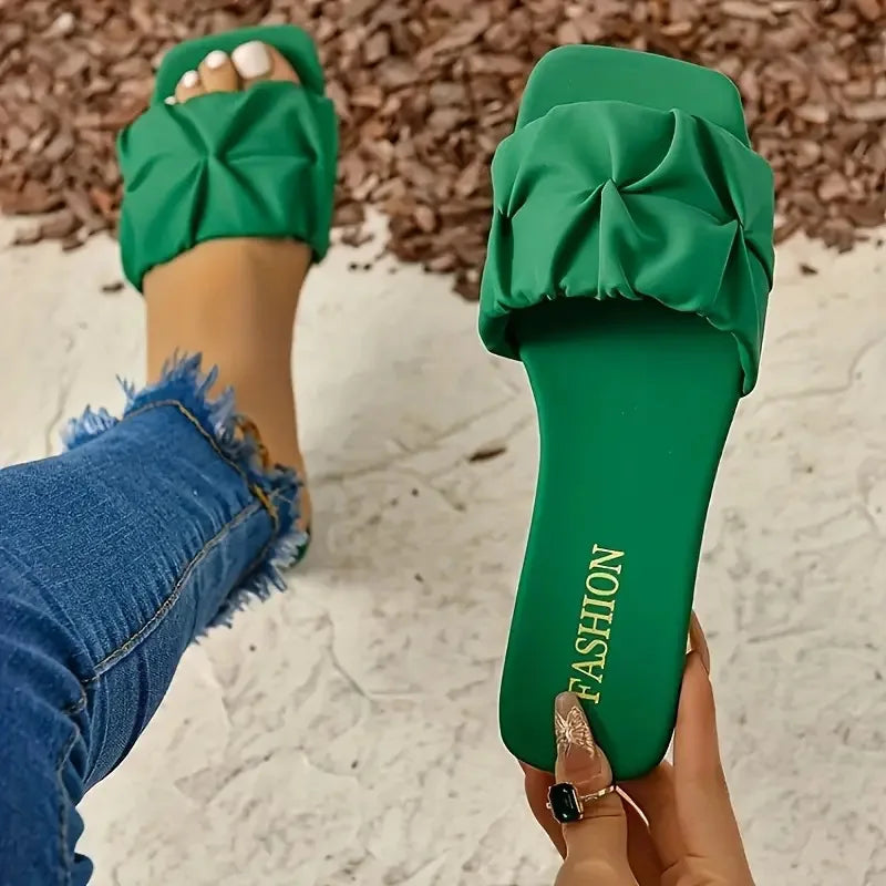 Summer Slippers for Women Flip Flops Flats New Pleated Korean Slippers Women Sandals Green Slip on Shoes Plus Size 35-43
