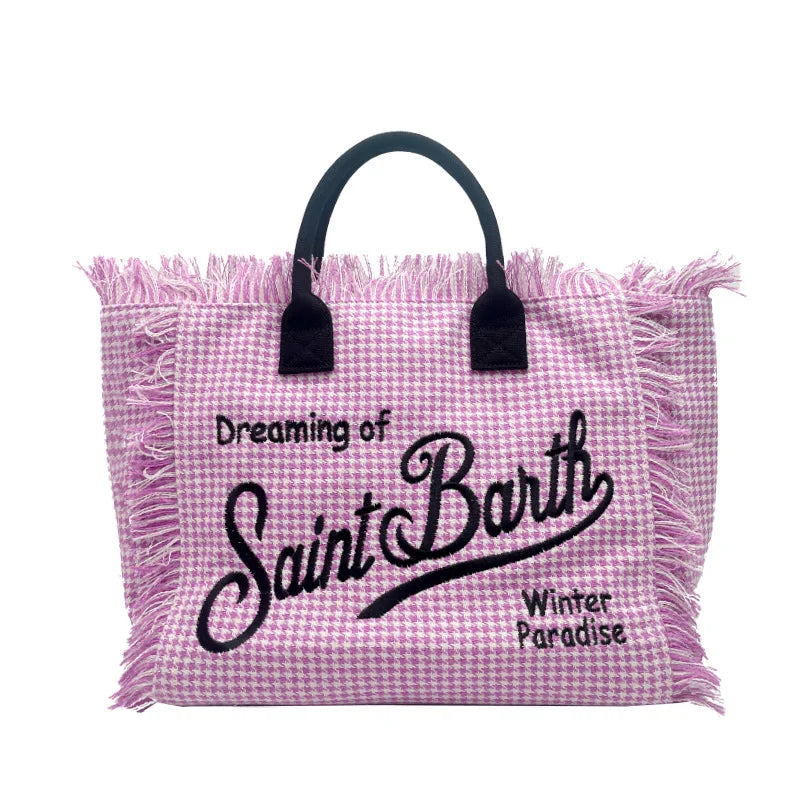 Saint Barth European and American New Women's Large Capacity Fashion Horizontal Striped Deep Blue Tassel Beach Handbag