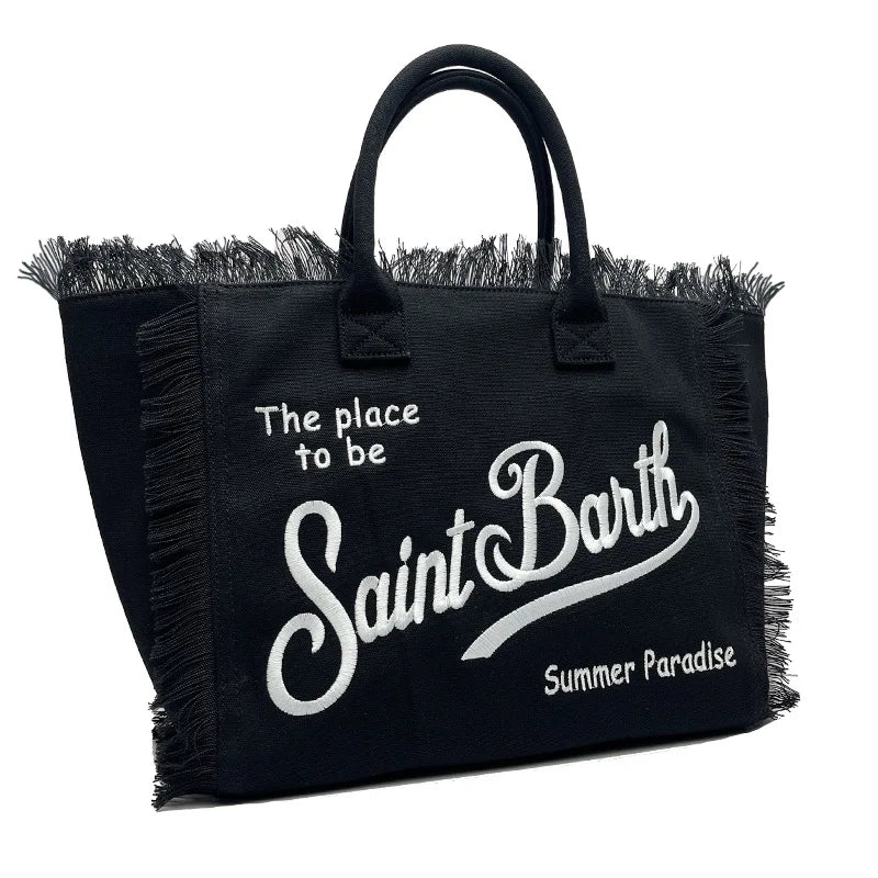 Saint Barth European and American new fashion tassel embroidery white large capacity black beach tote bag handbag