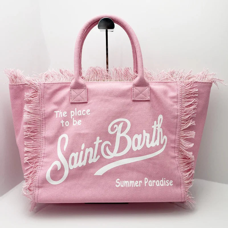 Saint Barth European and American new fashion tassel embroidery white large capacity black beach tote bag handbag