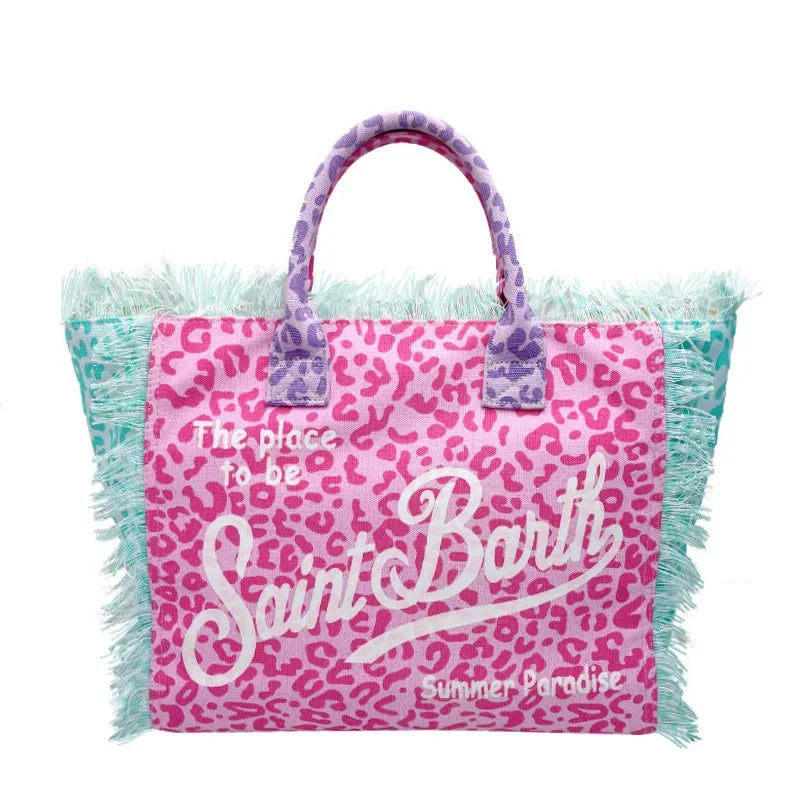 Saint Barth European and American New Women's Large Capacity Fashion Horizontal Striped Deep Blue Tassel Beach Handbag