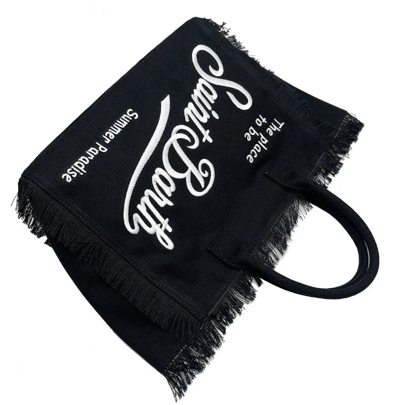 Saint Barth European and American new fashion tassel embroidery white large capacity black beach tote bag handbag