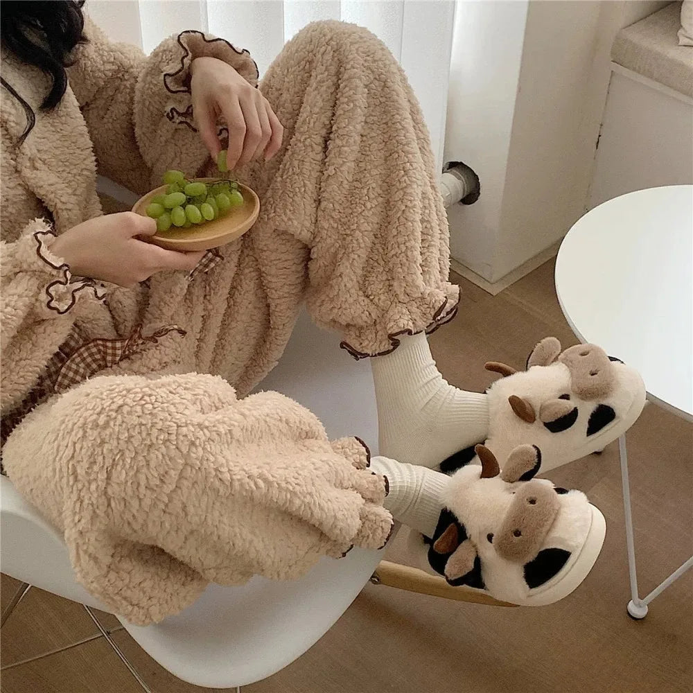 New Winter Unisex Cartoon Cow Warm Plush Slippers Couple's Indoor Non-slip House Slides Men And Women Toe Wrap Home Cotton Shoes