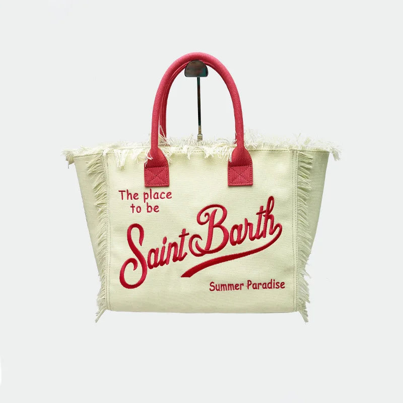 Saint Barth European and American New Women's Large Capacity Fashion Horizontal Striped Deep Blue Tassel Beach Handbag