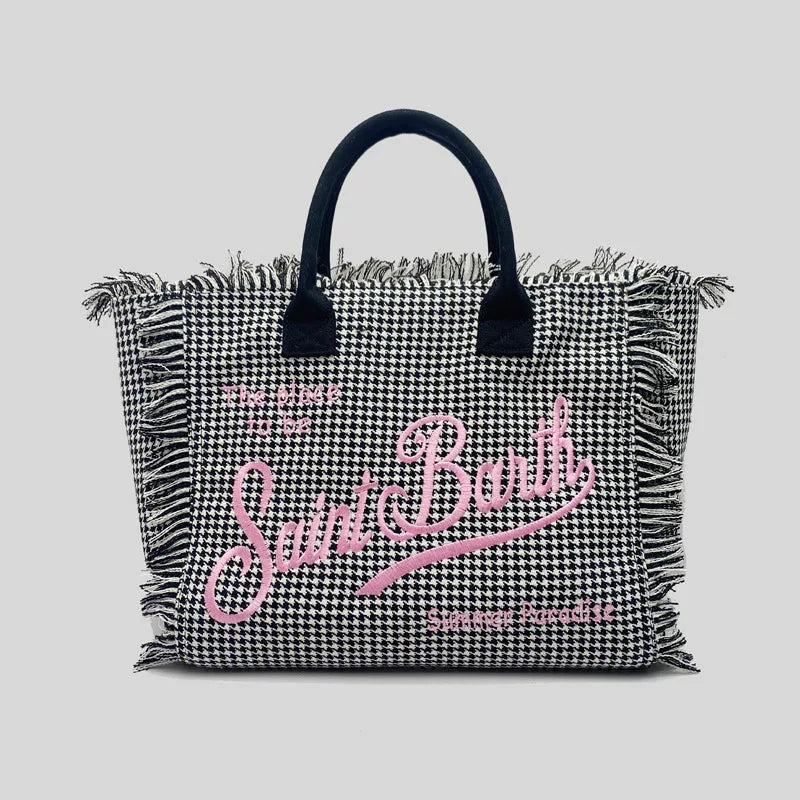 Saint Barth European and American new fashion tassel embroidery white large capacity black beach tote bag handbag