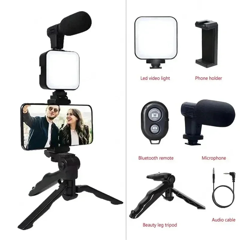 New Tripod Phone Holder Smartphone Vlogging Kit With Mini Microphone LED Fill Light Starter For TikTok Live Stream Video Use