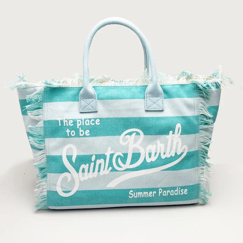 Saint Barth European and American New Women's Large Capacity Fashion Horizontal Striped Deep Blue Tassel Beach Handbag