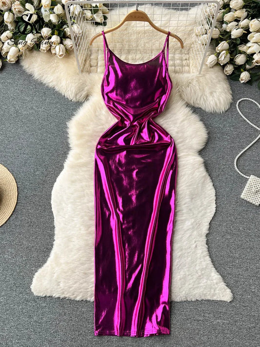 SINGREINY Sexy Bodycon Satin Camis Dress Backless High Waist Fashion Hollow Out Shiny Summer 2023 Women Party Long Dress