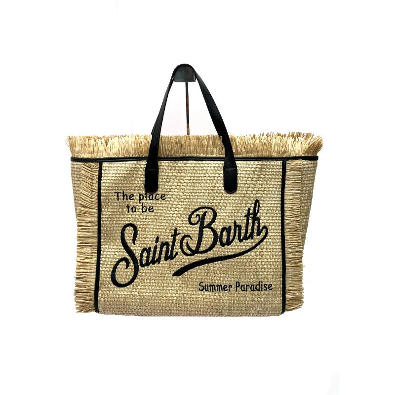 Saint Barth European and American New Women's Large Capacity Fashion Horizontal Striped Deep Blue Tassel Beach Handbag