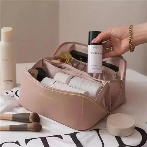 Leather Large-Capacity Travel Cosmetic Bag Portable Makeup Pouch Women Waterproof Bathroom Washbag Multifunction Toiletry Kit