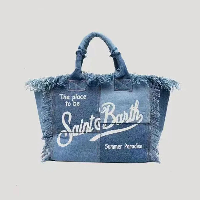 Saint Barth European and American New Women's Large Capacity Fashion Horizontal Striped Deep Blue Tassel Beach Handbag