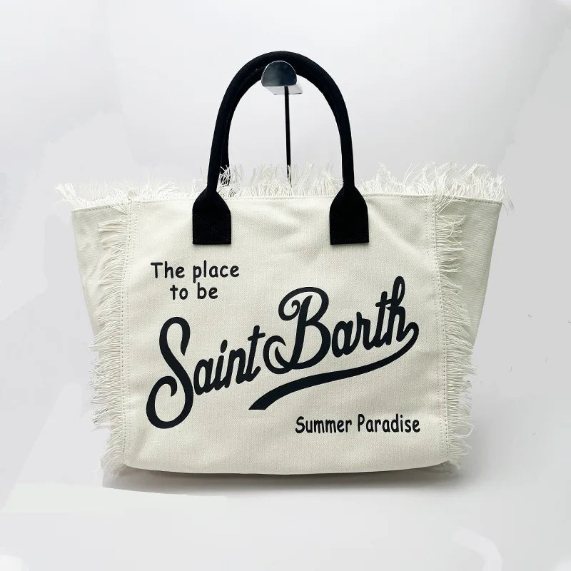 Saint Barth European and American New Women's Large Capacity Fashion Horizontal Striped Deep Blue Tassel Beach Handbag