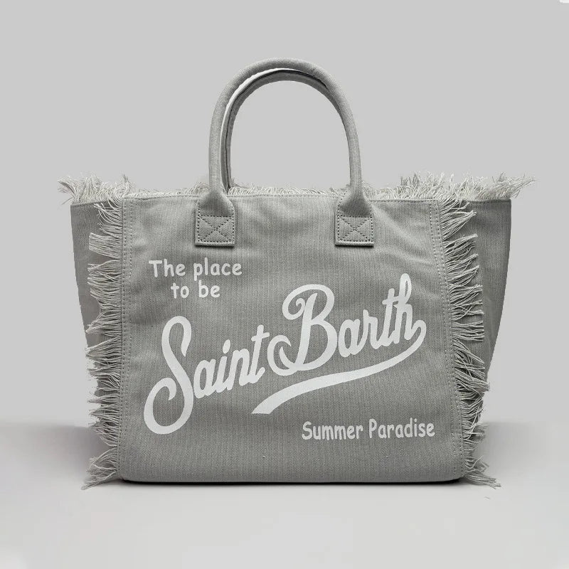 Saint Barth European and American new fashion tassel embroidery white large capacity black beach tote bag handbag