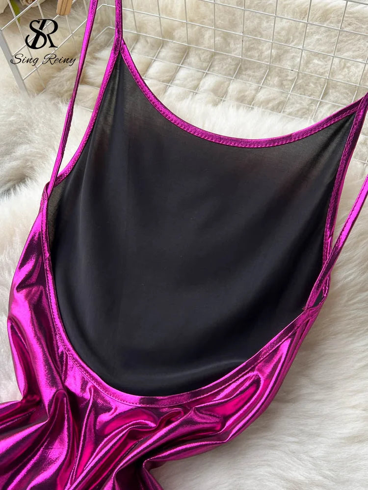SINGREINY Sexy Bodycon Satin Camis Dress Backless High Waist Fashion Hollow Out Shiny Summer 2023 Women Party Long Dress