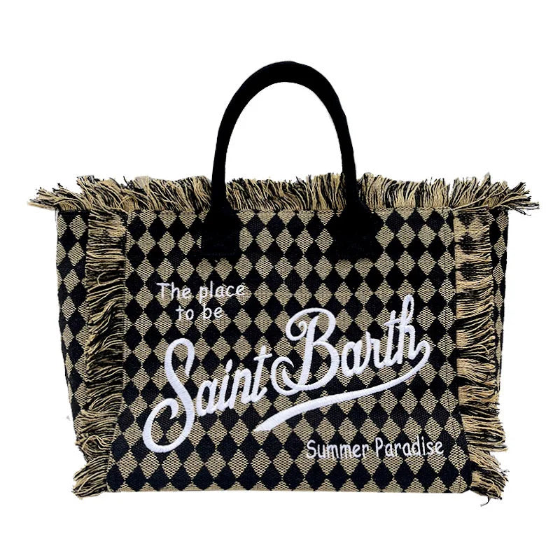 Saint Barth European and American New Women's Large Capacity Fashion Horizontal Striped Deep Blue Tassel Beach Handbag