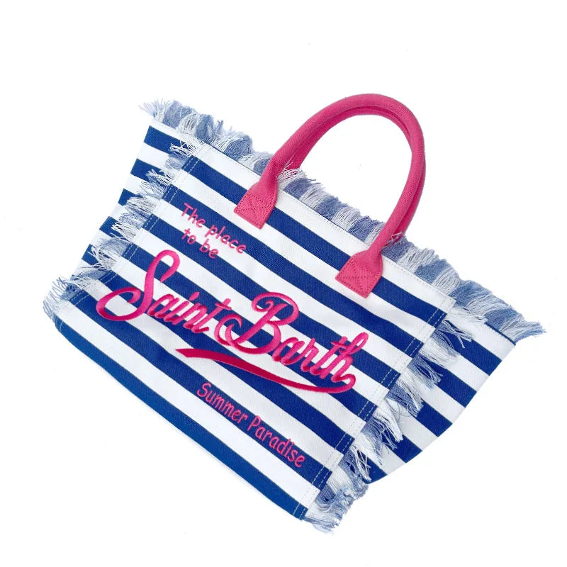 Saint Barth European and American New Women's Large Capacity Fashion Horizontal Striped Deep Blue Tassel Beach Handbag