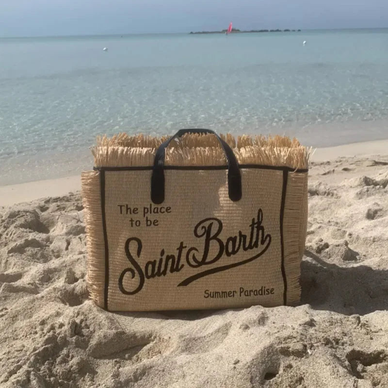 Saint Barth European and American new fashion tassel embroidery white large capacity black beach tote bag handbag