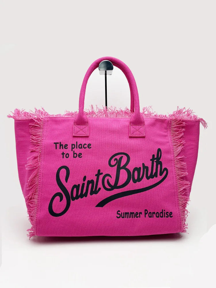 Saint Barth European and American new fashion tassel embroidery white large capacity black beach tote bag handbag