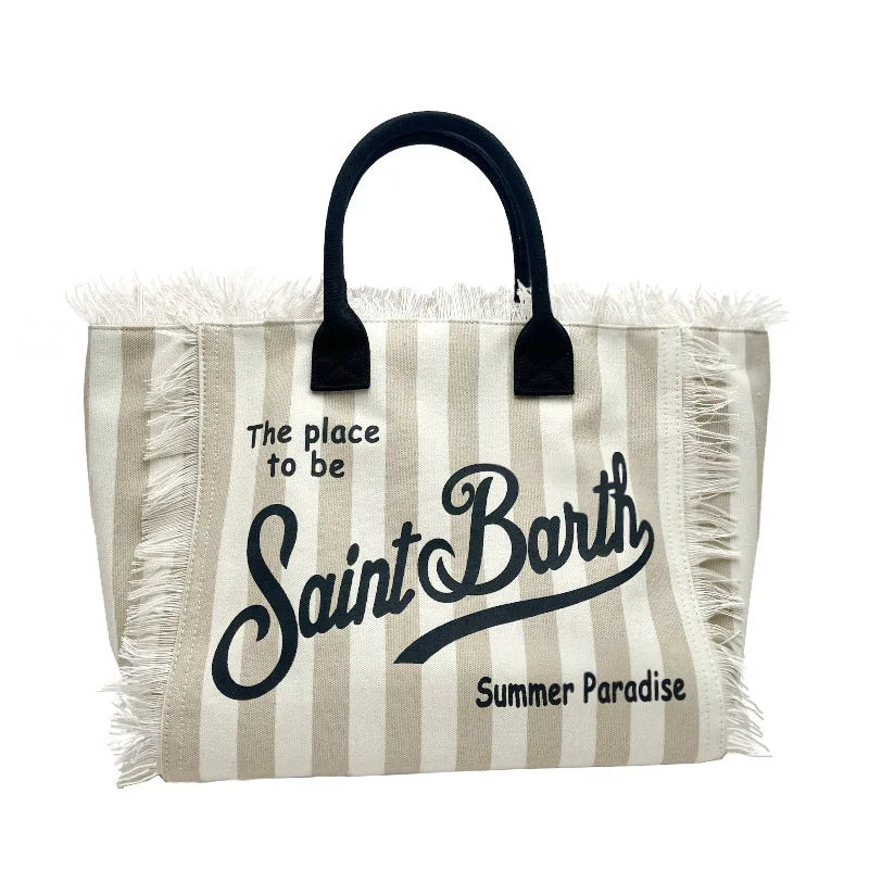 Saint Barth European and American New Women's Large Capacity Fashion Horizontal Striped Deep Blue Tassel Beach Handbag