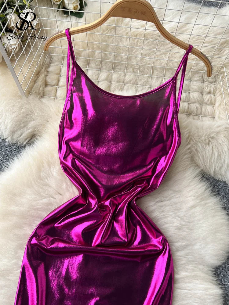 SINGREINY Sexy Bodycon Satin Camis Dress Backless High Waist Fashion Hollow Out Shiny Summer 2023 Women Party Long Dress
