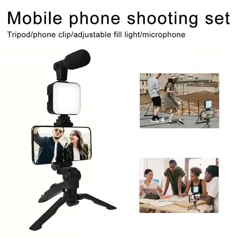 New Tripod Phone Holder Smartphone Vlogging Kit With Mini Microphone LED Fill Light Starter For TikTok Live Stream Video Use