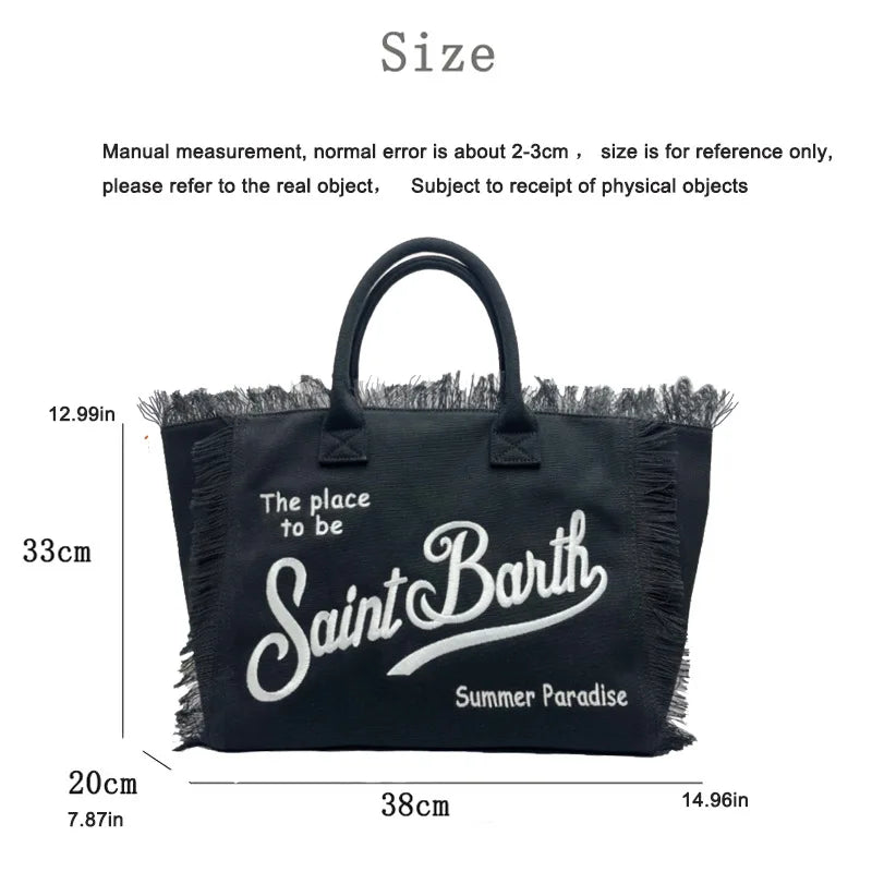 Saint Barth European and American new fashion tassel embroidery white large capacity black beach tote bag handbag