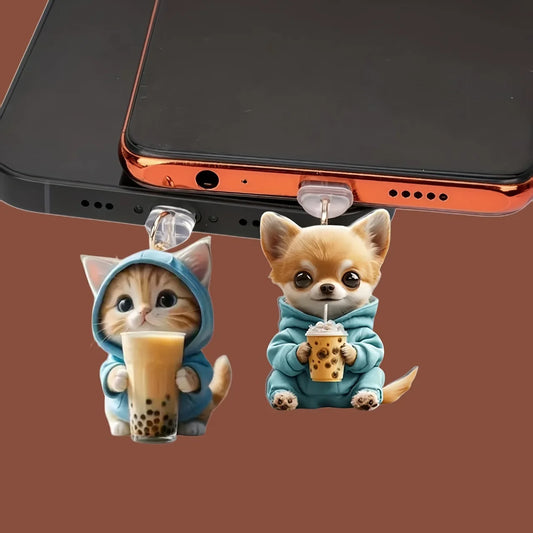 Cute 2D Flat Acrylic Cat Dog Dust Plug For Iphone Lightning Connector And Type-c Oval Connector Cartoon Phone Dust Plug Pendant