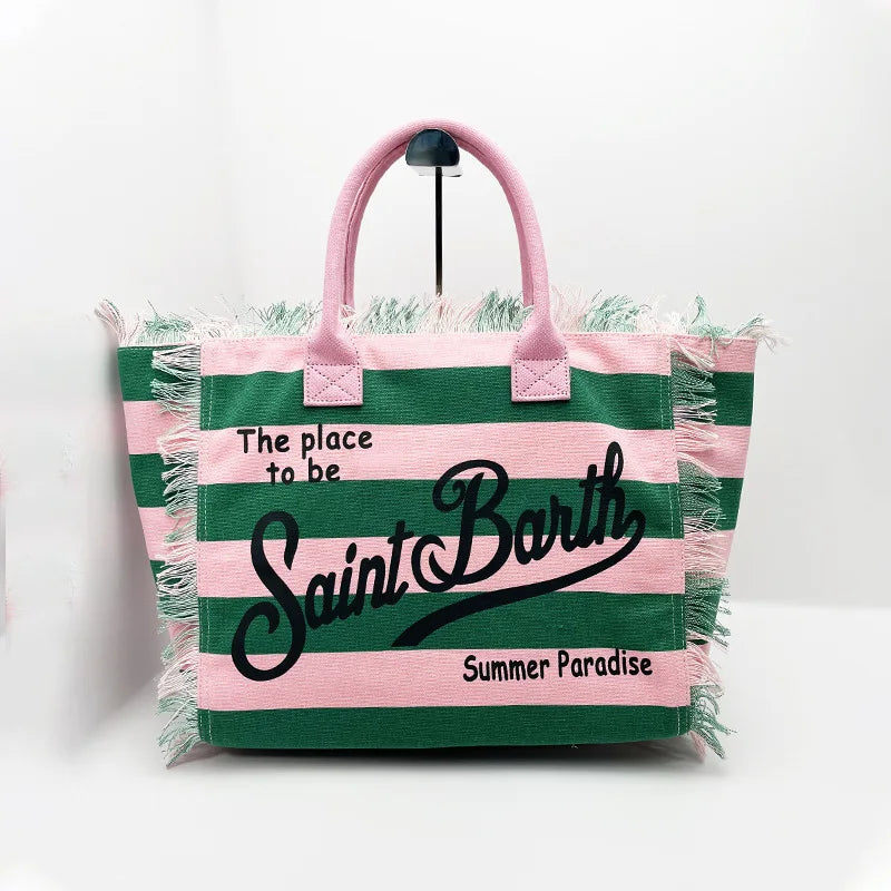 Saint Barth European and American New Women's Large Capacity Fashion Horizontal Striped Deep Blue Tassel Beach Handbag