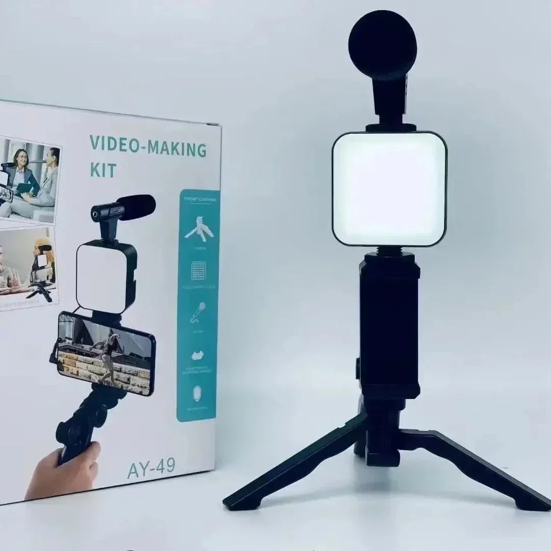 New Tripod Phone Holder Smartphone Vlogging Kit With Mini Microphone LED Fill Light Starter For TikTok Live Stream Video Use