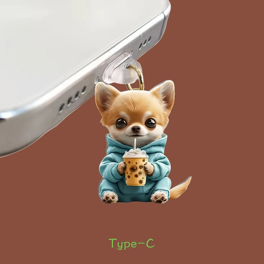 Cute 2D Flat Acrylic Cat Dog Dust Plug For Iphone Lightning Connector And Type-c Oval Connector Cartoon Phone Dust Plug Pendant