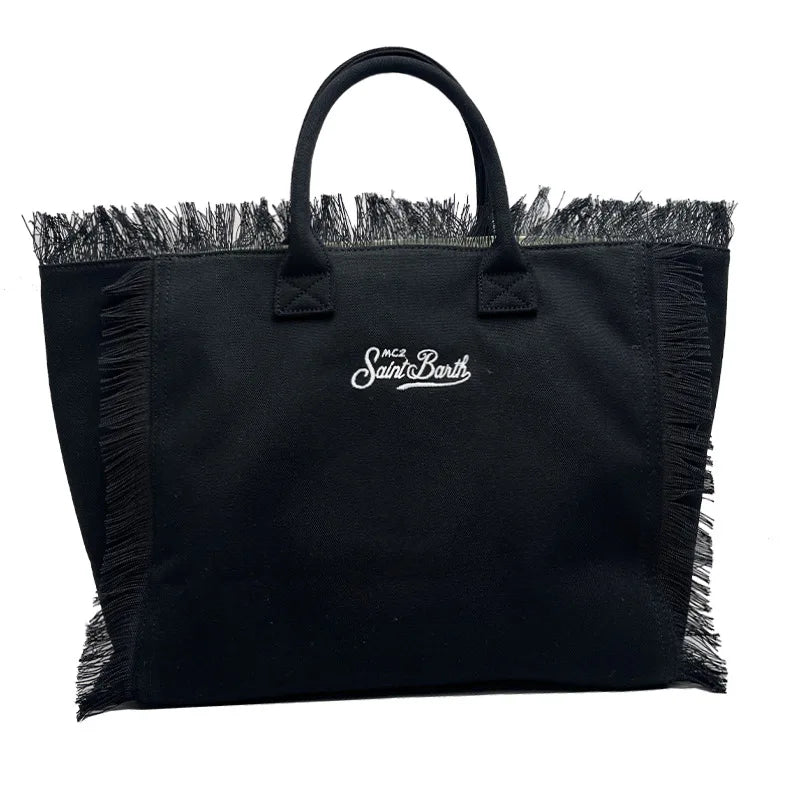 Saint Barth European and American new fashion tassel embroidery white large capacity black beach tote bag handbag