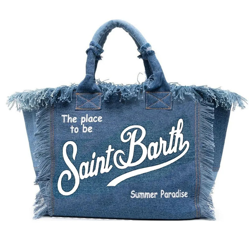 Saint Barth European and American new fashion tassel embroidery white large capacity black beach tote bag handbag