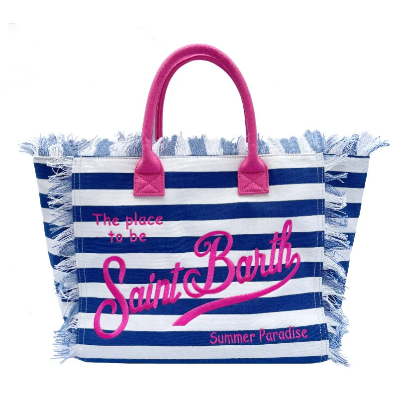 Saint Barth European and American new fashion tassel embroidery white large capacity black beach tote bag handbag
