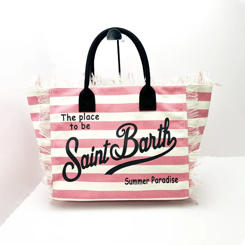 Saint Barth European and American New Women's Large Capacity Fashion Horizontal Striped Deep Blue Tassel Beach Handbag