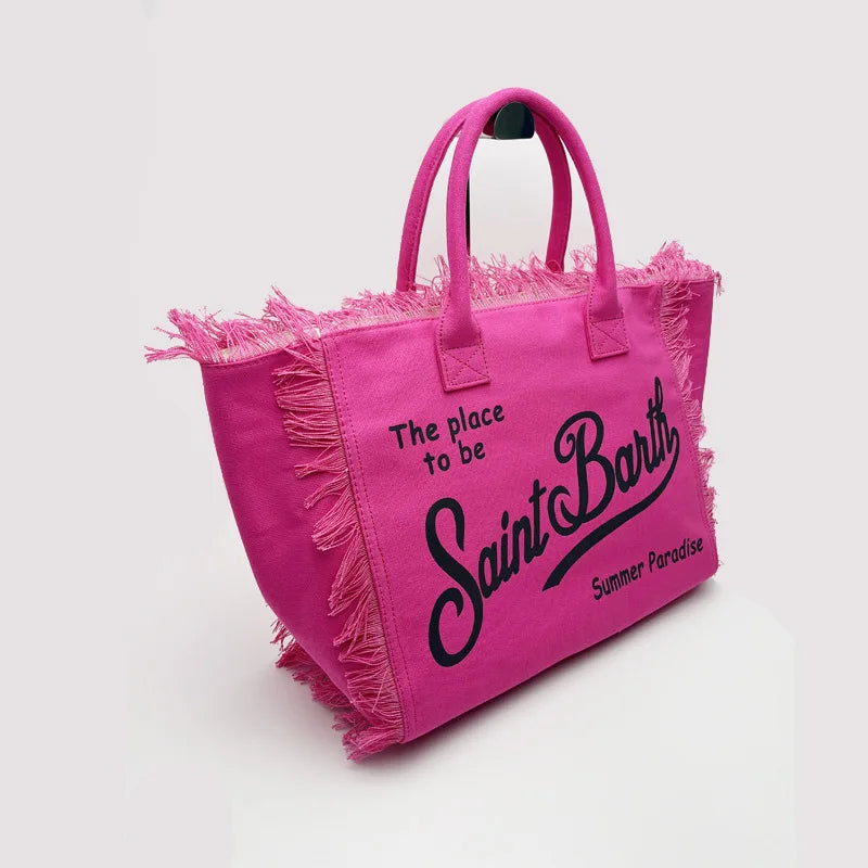 Saint Barth European and American new fashion tassel embroidery white large capacity black beach tote bag handbag