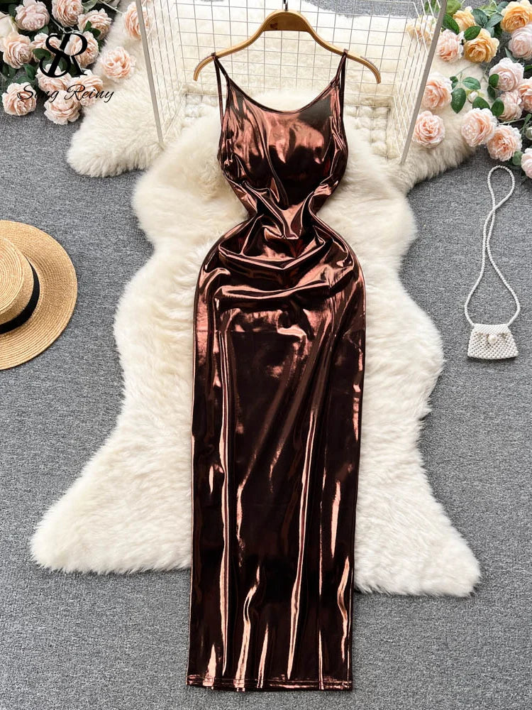 SINGREINY Sexy Bodycon Satin Camis Dress Backless High Waist Fashion Hollow Out Shiny Summer 2023 Women Party Long Dress