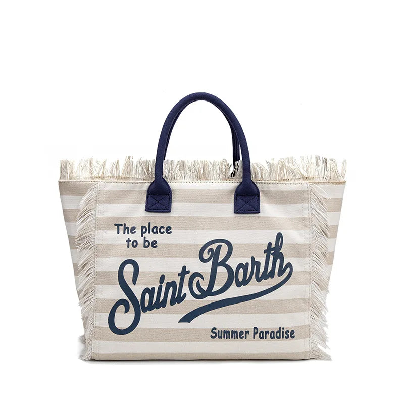Saint Barth European and American New Women's Large Capacity Fashion Horizontal Striped Deep Blue Tassel Beach Handbag