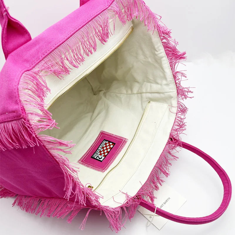 Saint Barth European and American new fashion tassel embroidery white large capacity black beach tote bag handbag