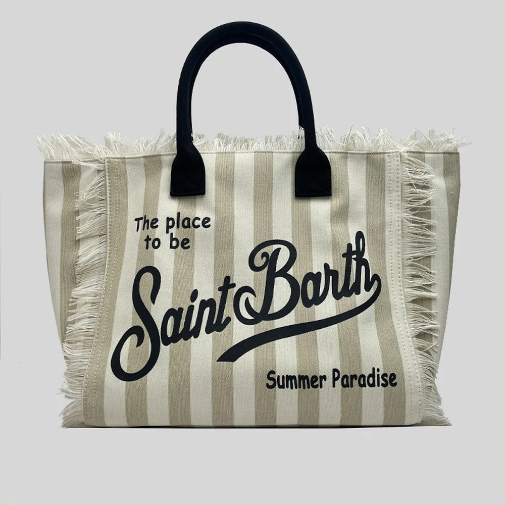 Saint Barth European and American new fashion tassel embroidery white large capacity black beach tote bag handbag