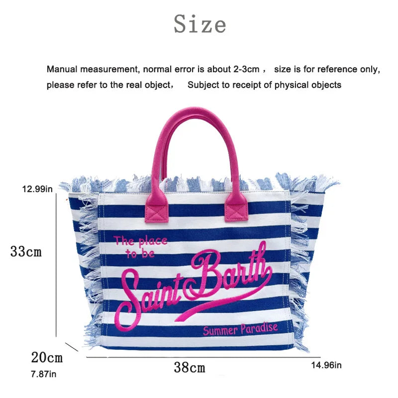 Saint Barth European and American New Women's Large Capacity Fashion Horizontal Striped Deep Blue Tassel Beach Handbag