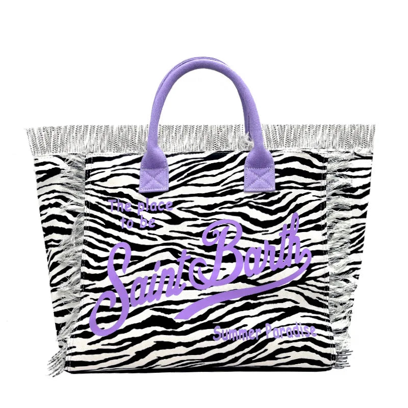Saint Barth European and American New Women's Large Capacity Fashion Horizontal Striped Deep Blue Tassel Beach Handbag