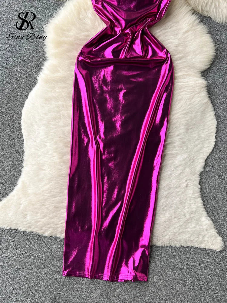SINGREINY Sexy Bodycon Satin Camis Dress Backless High Waist Fashion Hollow Out Shiny Summer 2023 Women Party Long Dress