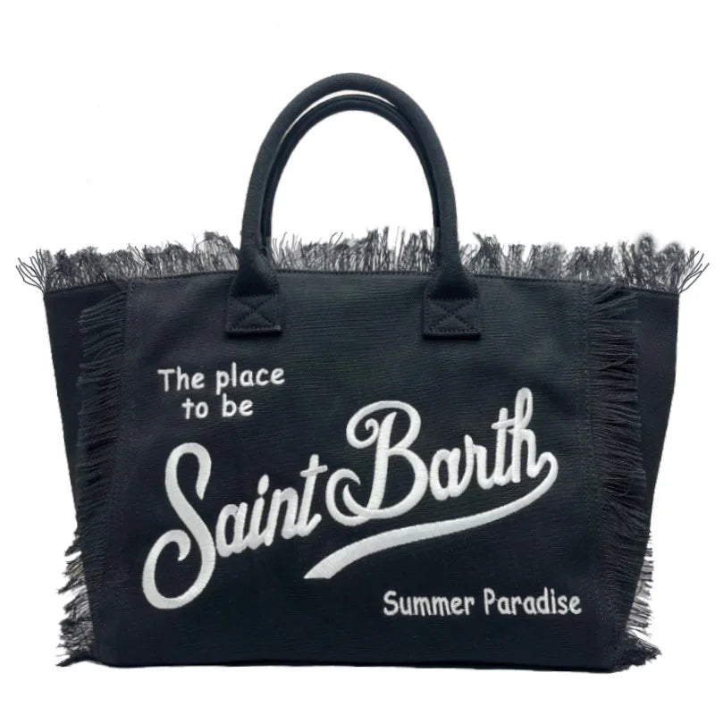 Saint Barth European and American New Women's Large Capacity Fashion Horizontal Striped Deep Blue Tassel Beach Handbag