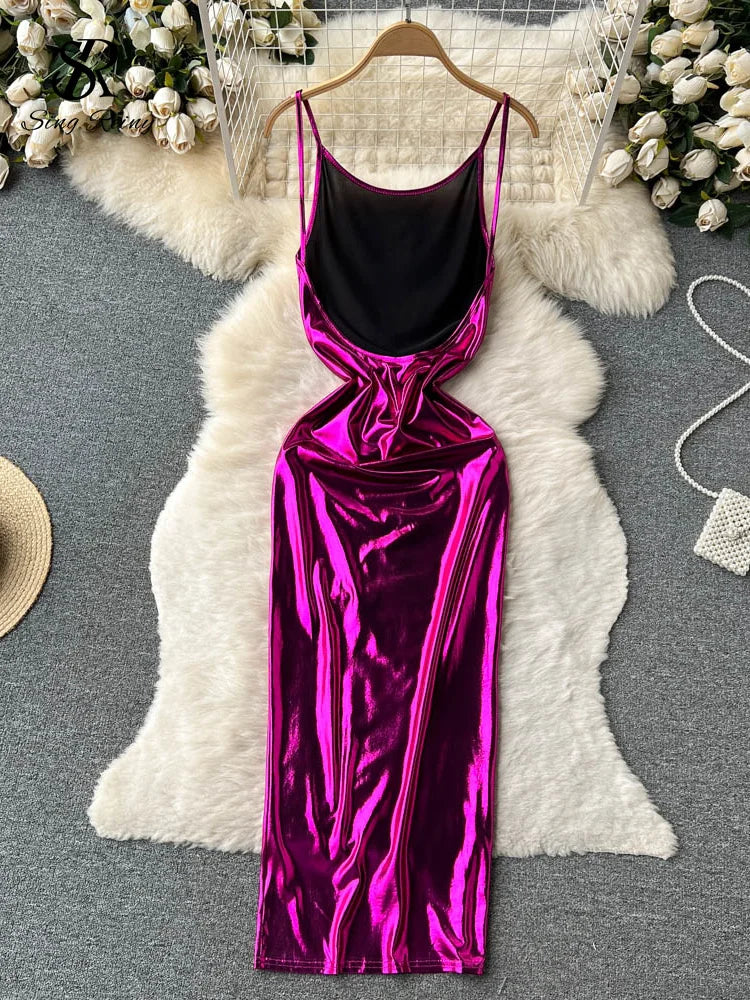 SINGREINY Sexy Bodycon Satin Camis Dress Backless High Waist Fashion Hollow Out Shiny Summer 2023 Women Party Long Dress